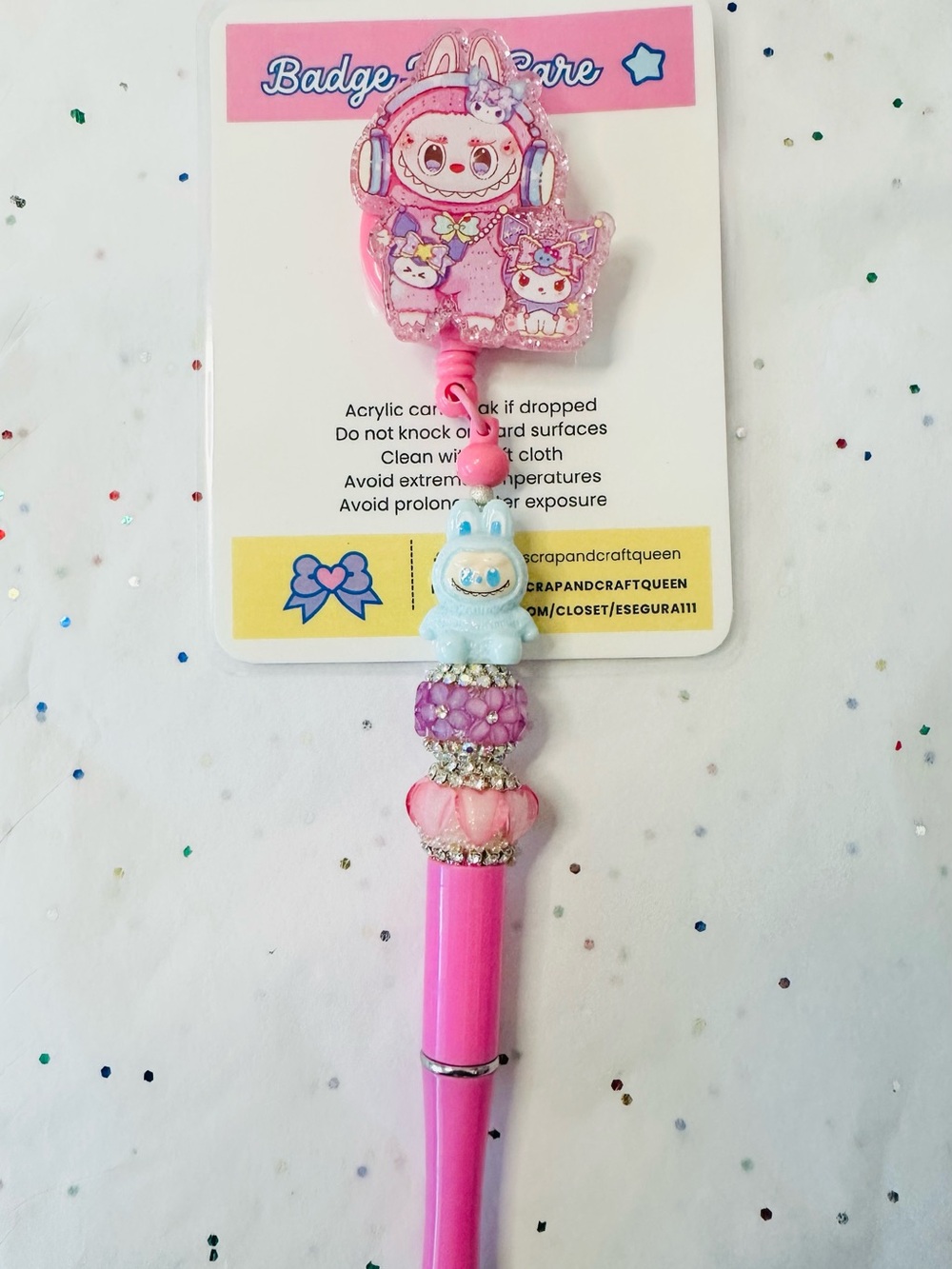 Pink Cute Labu Character badge reel Bead Pen with refill